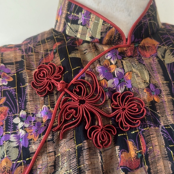 💕Vintage 💯Silk Chinese Cheongsam Floral Print, Gold Thread 8 EUC - Picture 3 of 13